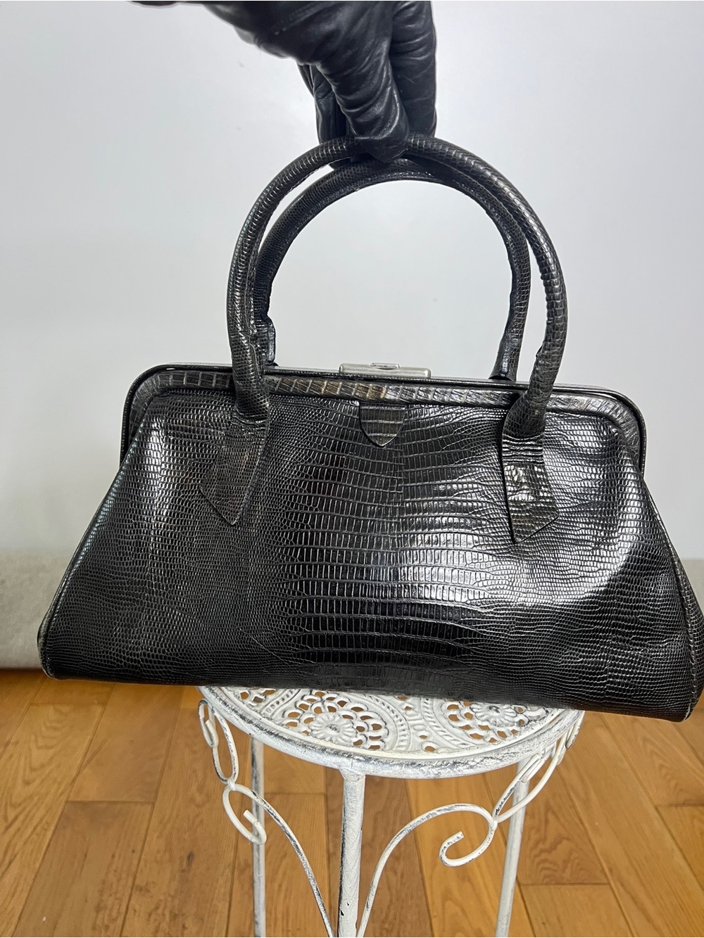 Francesco Biasia Black Embossed Satchel Top Handle Bag Double Handles, Lined